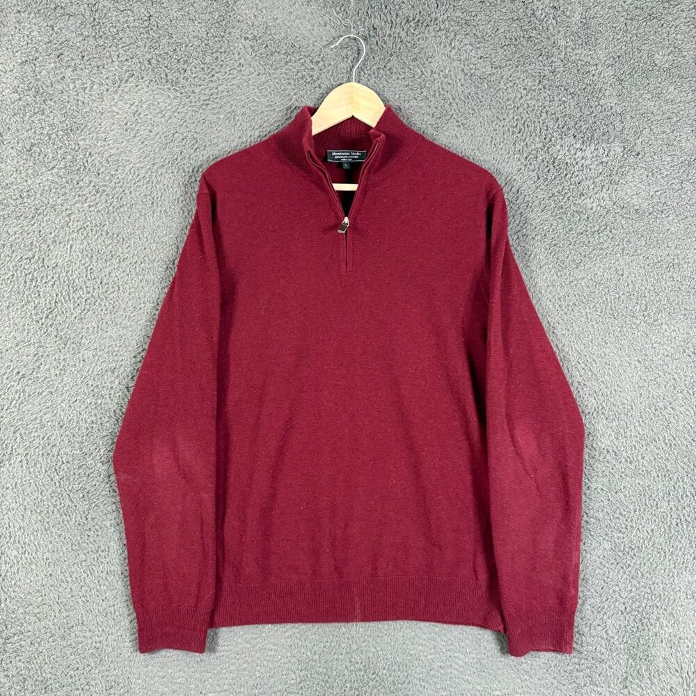 Mantovani Studio Sweater Mens Large Red 100% Cashmere Quarter Zip Pullover Italy
